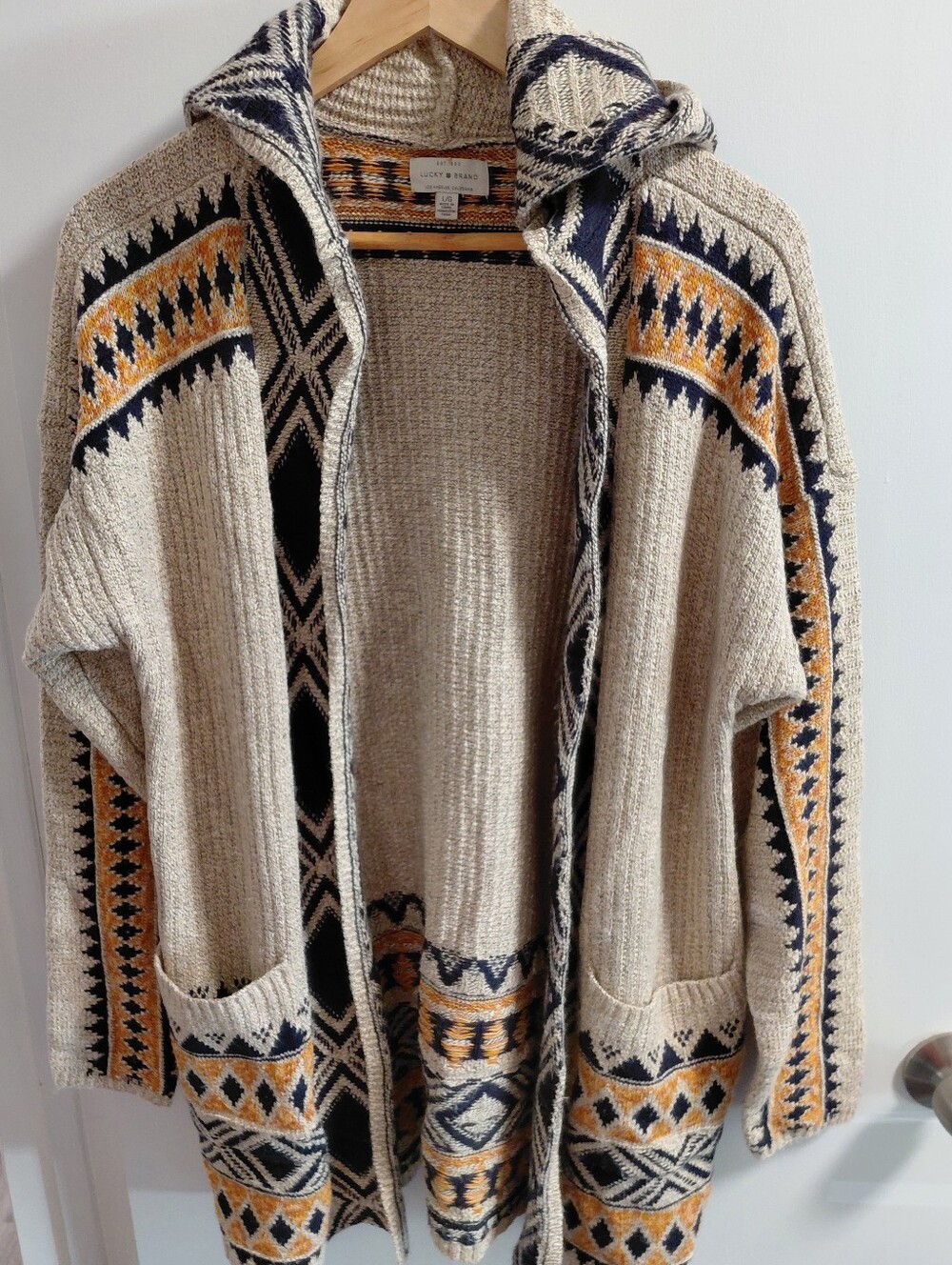 Lucky Brand Yellow Cream Knit Open Front Aztec-Pattern Cardigan Sweater W/Hood - Picture 11 of 11
